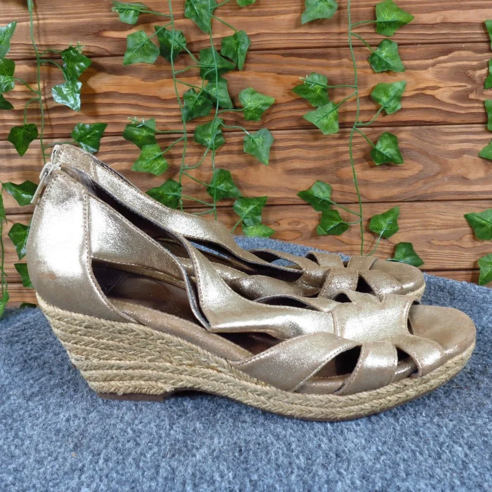 Sofft Mena Women Sandal Size 9 Espadrille Wedge‎ Casual Dress Gold Leather